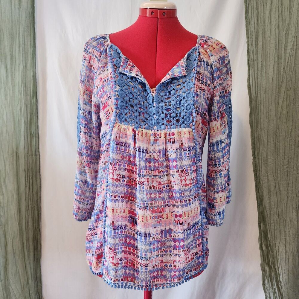 JADE Blue White Boho Tunic Lightweight Peasant Blouse Size S